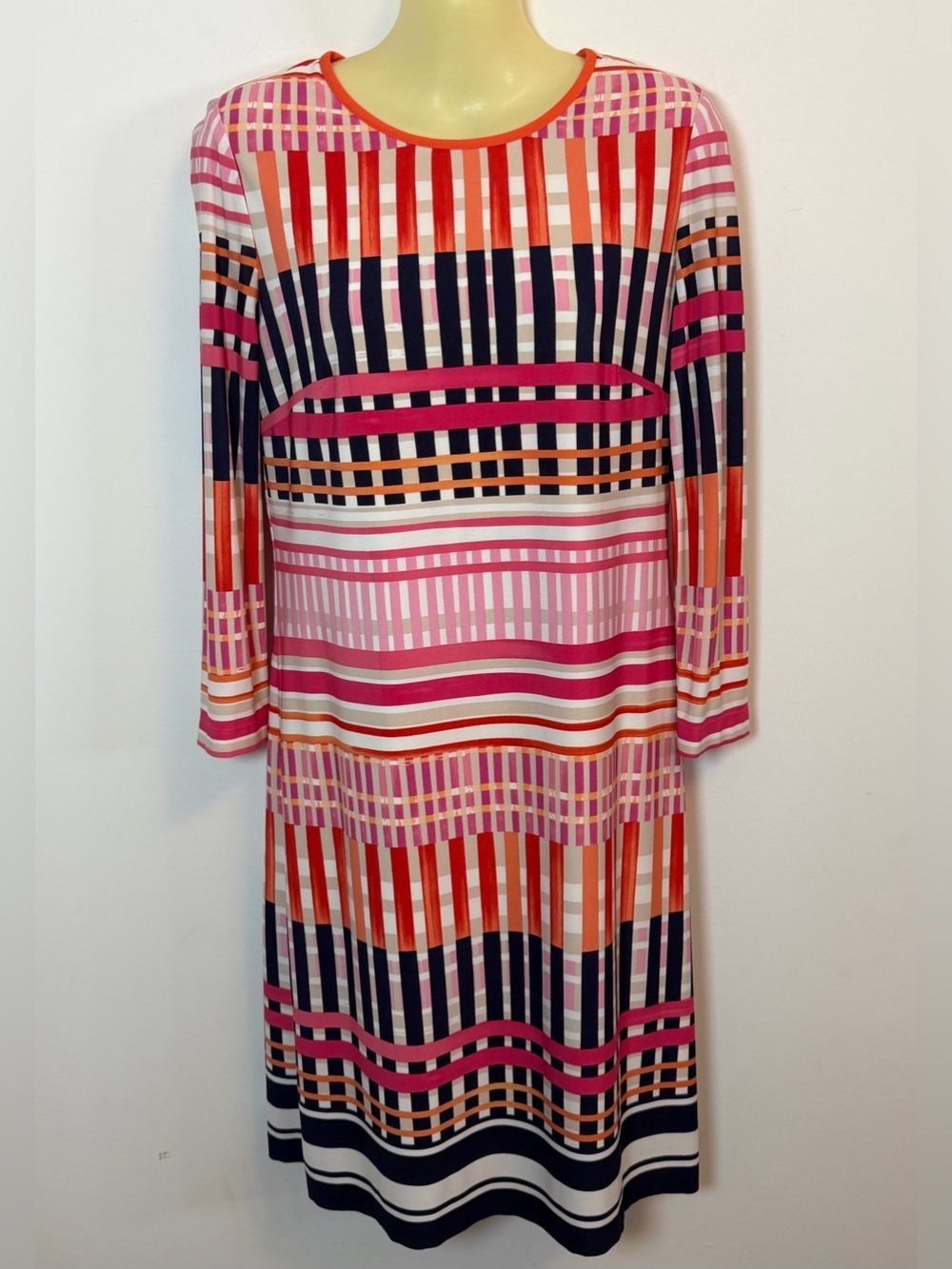Eliza J Striped Long Sleeve Midi Dress in Pink, Orange & Navy
